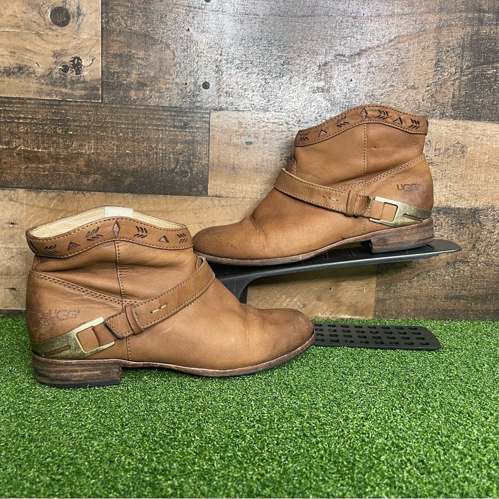 UGG Women's Austin Fawn Brown Leather Western‎ Ankle Boot Size US 7